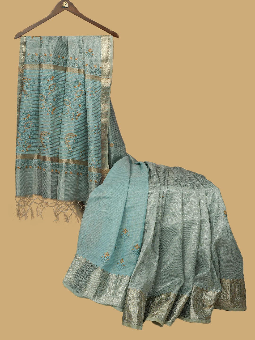 Ada Hand Embroidered Teal Green Tissue Lucknowi Chikankari Saree and Blouse 01A814556