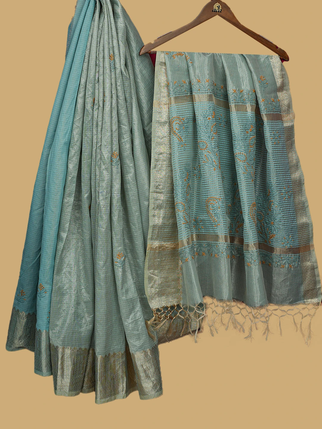 Ada Hand Embroidered Teal Green Tissue Lucknowi Chikankari Saree and Blouse 01A814556