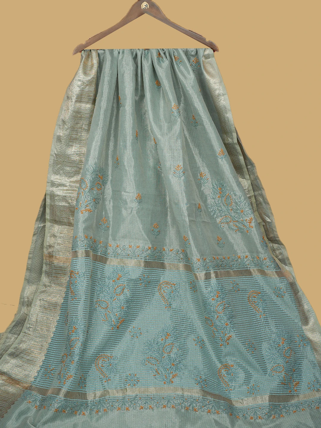 Ada Hand Embroidered Teal Green Tissue Lucknowi Chikankari Saree and Blouse 01A814556