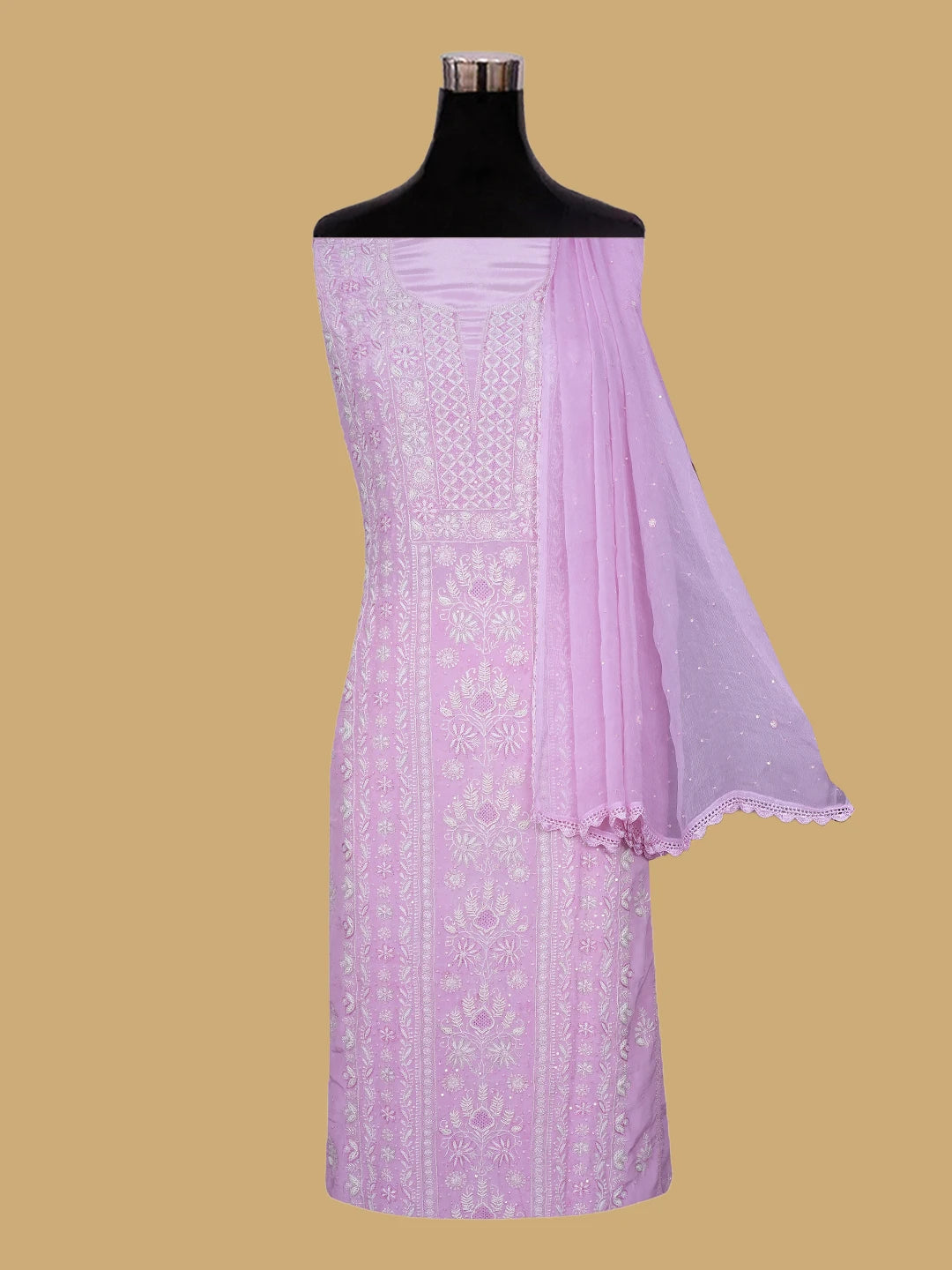 Ada Hand Embroidered Carnation Pink Muslin Lucknowi Chikankari Unstitched Suit Piece With Cutdana Work 01A712890
