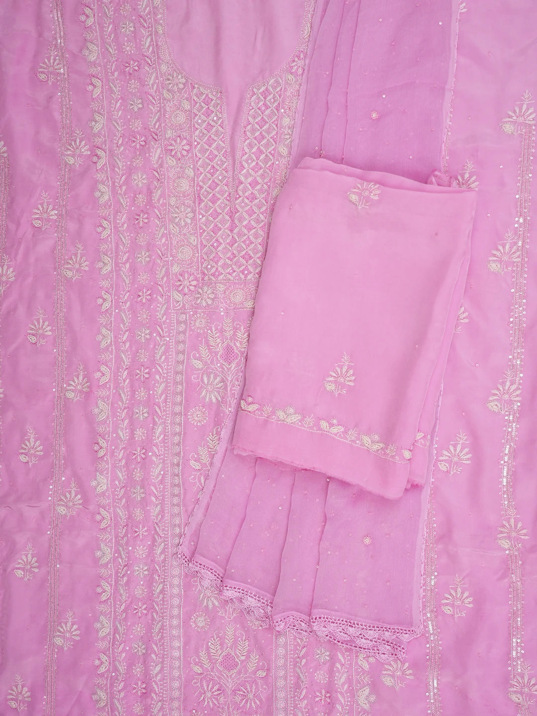 Ada Hand Embroidered Carnation Pink Muslin Lucknowi Chikankari Unstitched Suit Piece With Cutdana Work 01A712890
