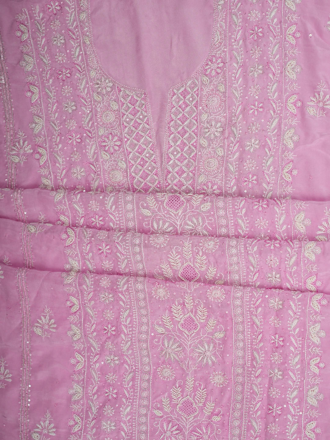 Ada Hand Embroidered Carnation Pink Muslin Lucknowi Chikankari Unstitched Suit Piece With Cutdana Work 01A712890