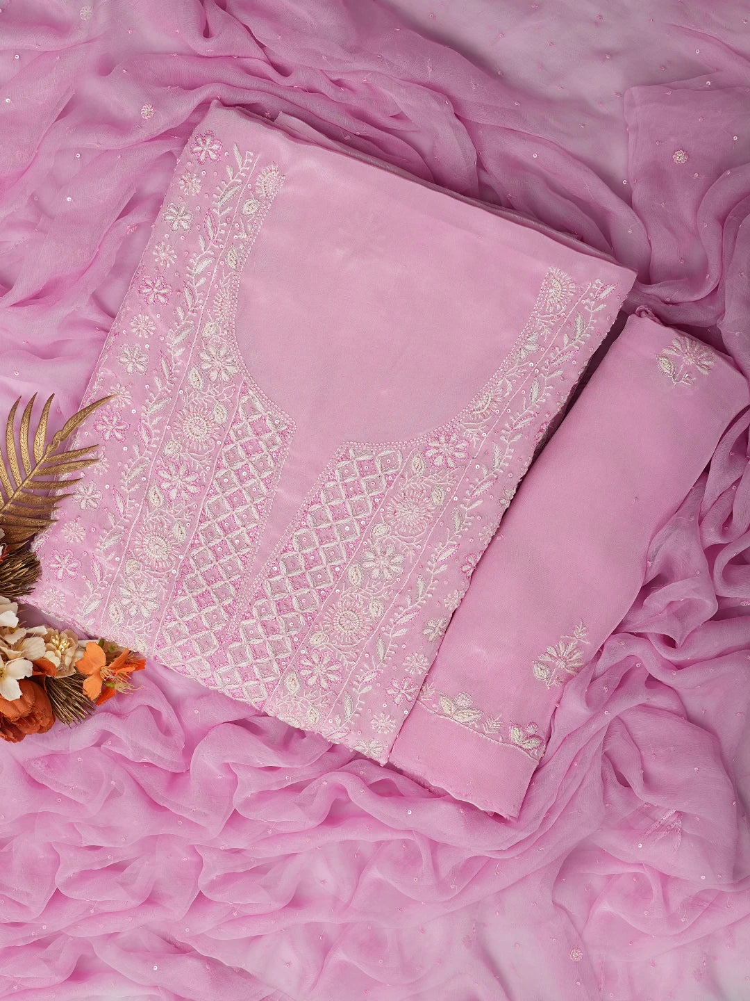 Ada Hand Embroidered Carnation Pink Muslin Lucknowi Chikankari Unstitched Suit Piece With Cutdana Work 01A712890