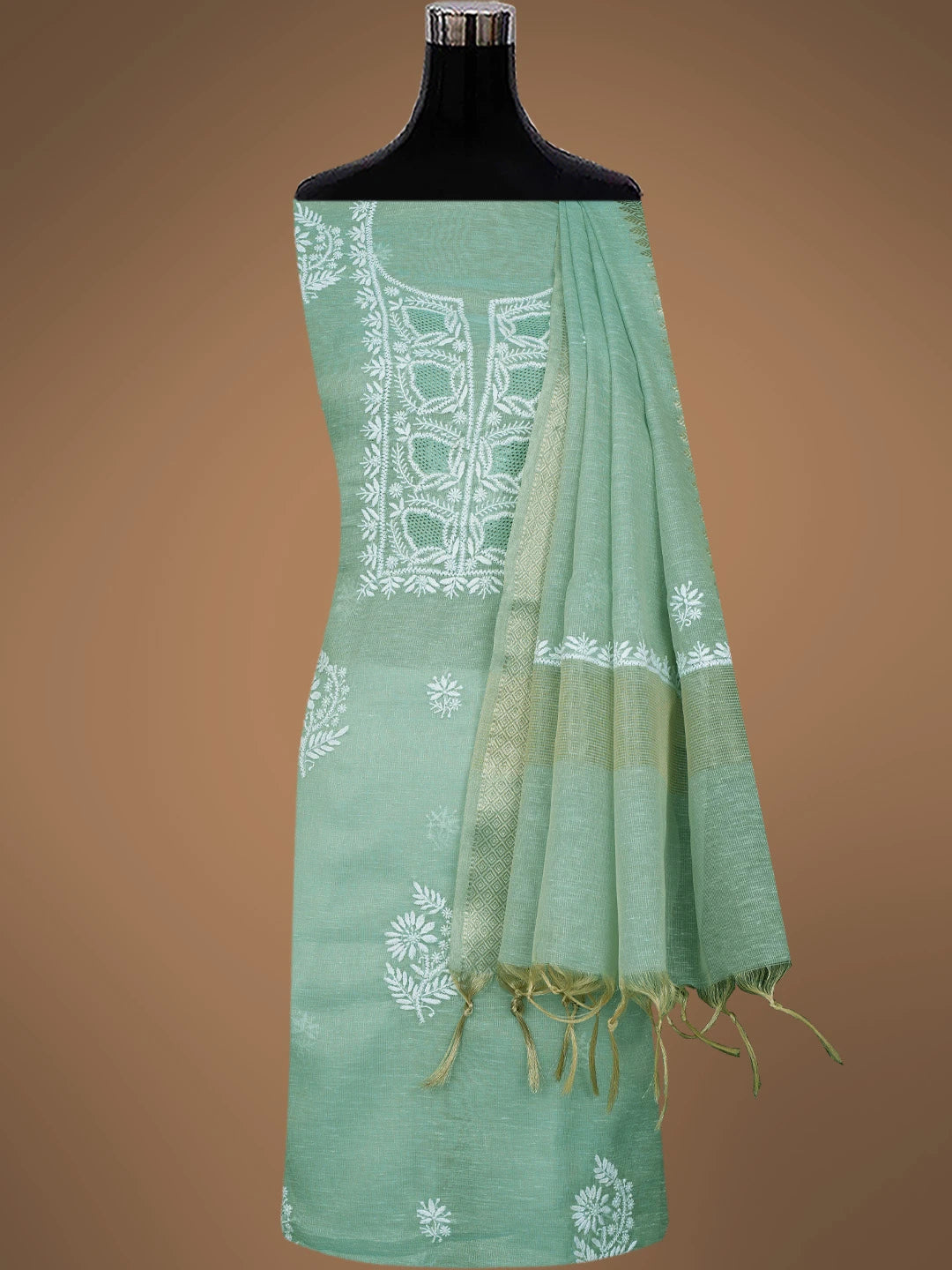 Ada Hand Embroidered Light Teal Green Tissue Lucknowi Chikankari Unstitched Kurta Dupatta Set 01A818413