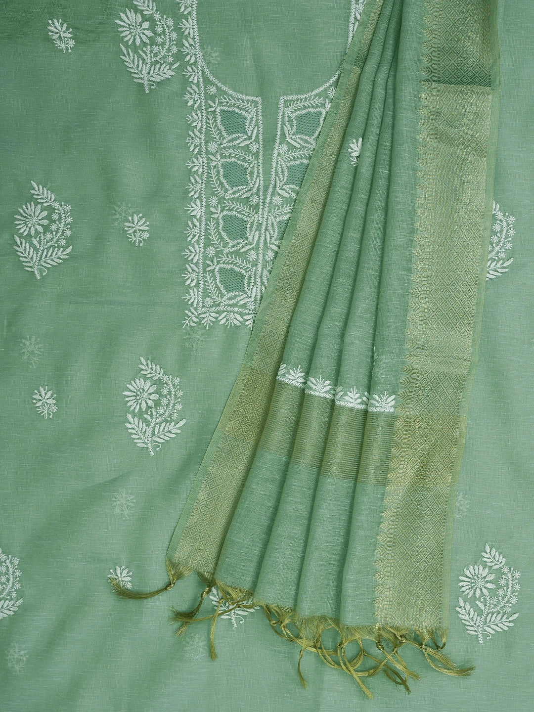 Ada Hand Embroidered Light Teal Green Tissue Lucknowi Chikankari Unstitched Kurta Dupatta Set 01A818413