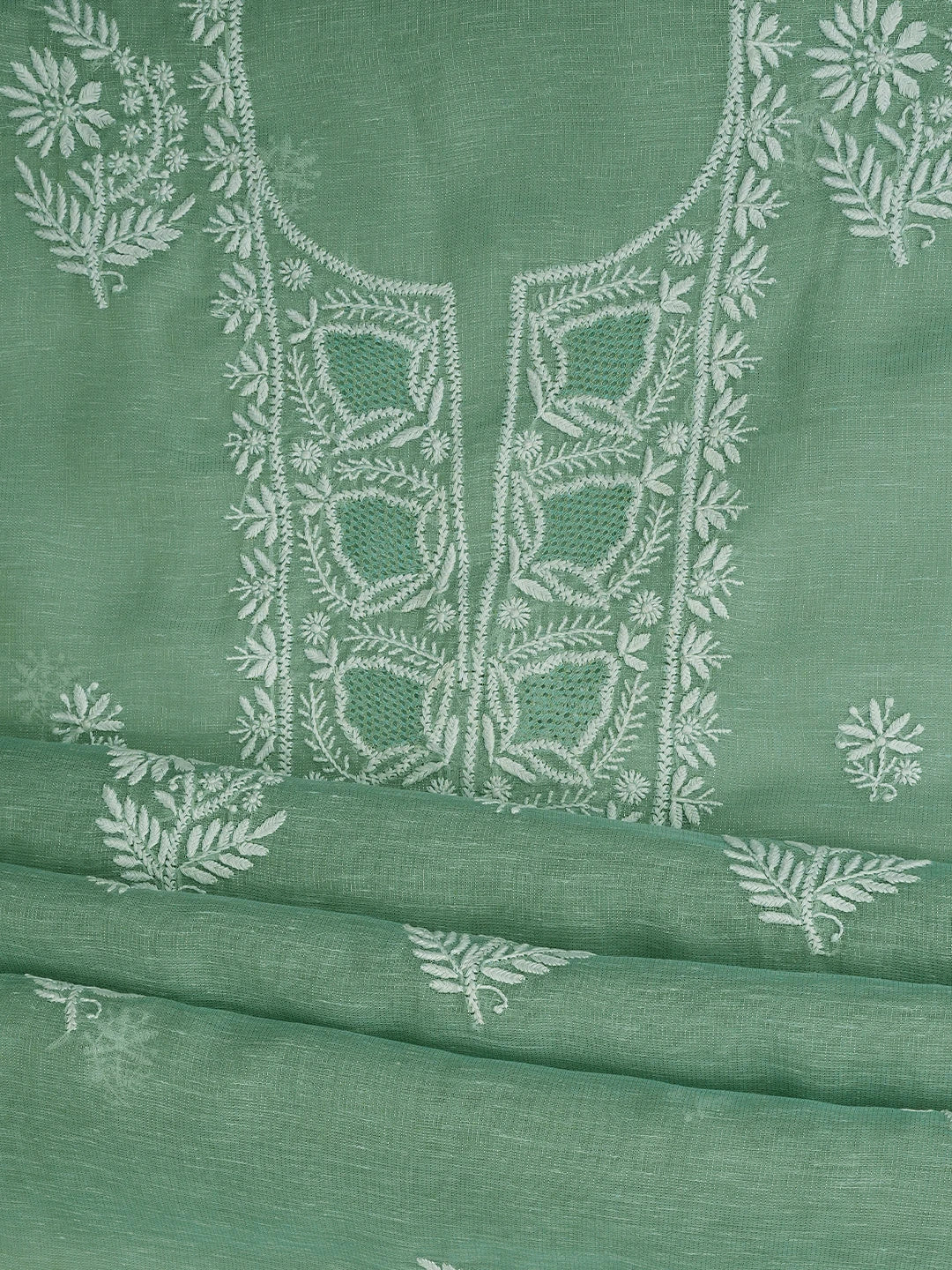 Ada Hand Embroidered Light Teal Green Tissue Lucknowi Chikankari Unstitched Kurta Dupatta Set 01A818413