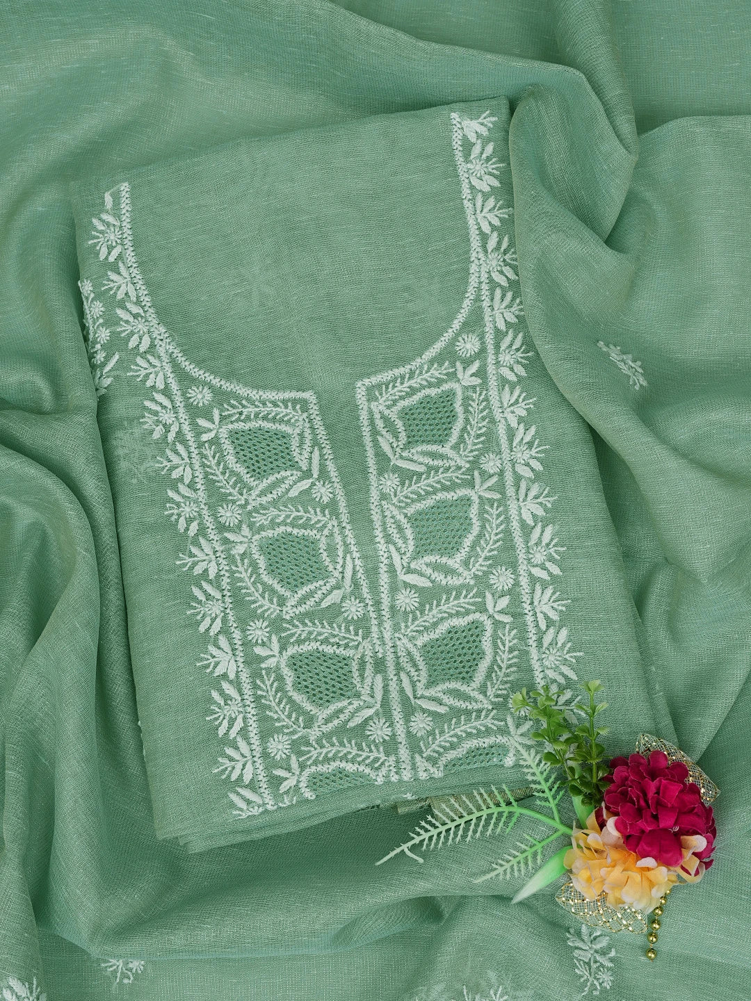 Ada Hand Embroidered Light Teal Green Tissue Lucknowi Chikankari Unstitched Kurta Dupatta Set 01A818413