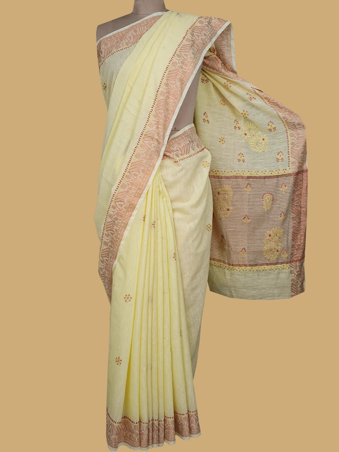 Ada Hand Embroidered Light Yellow Chanderi Lucknowi Chikankari Saree and Blouse 01A776743