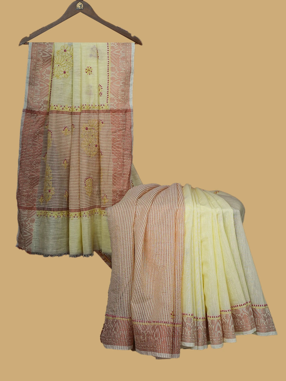 Ada Hand Embroidered Light Yellow Chanderi Lucknowi Chikankari Saree and Blouse 01A776743