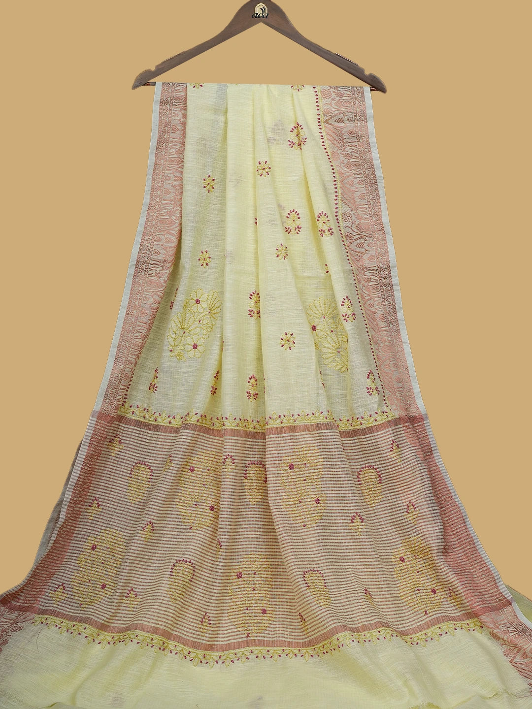 Ada Hand Embroidered Light Yellow Chanderi Lucknowi Chikankari Saree and Blouse 01A776743