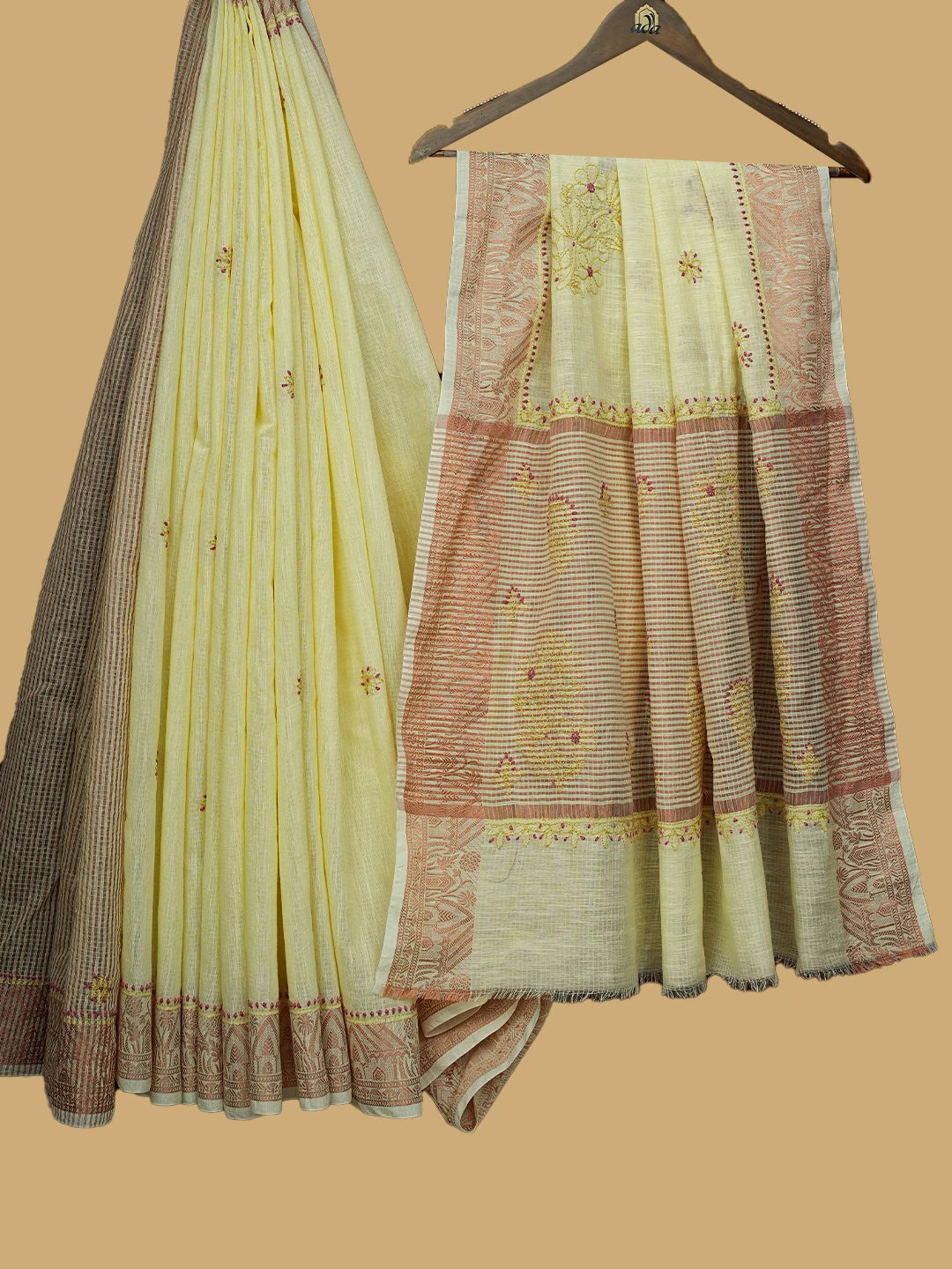 Ada Hand Embroidered Light Yellow Chanderi Lucknowi Chikankari Saree and Blouse 01A776743