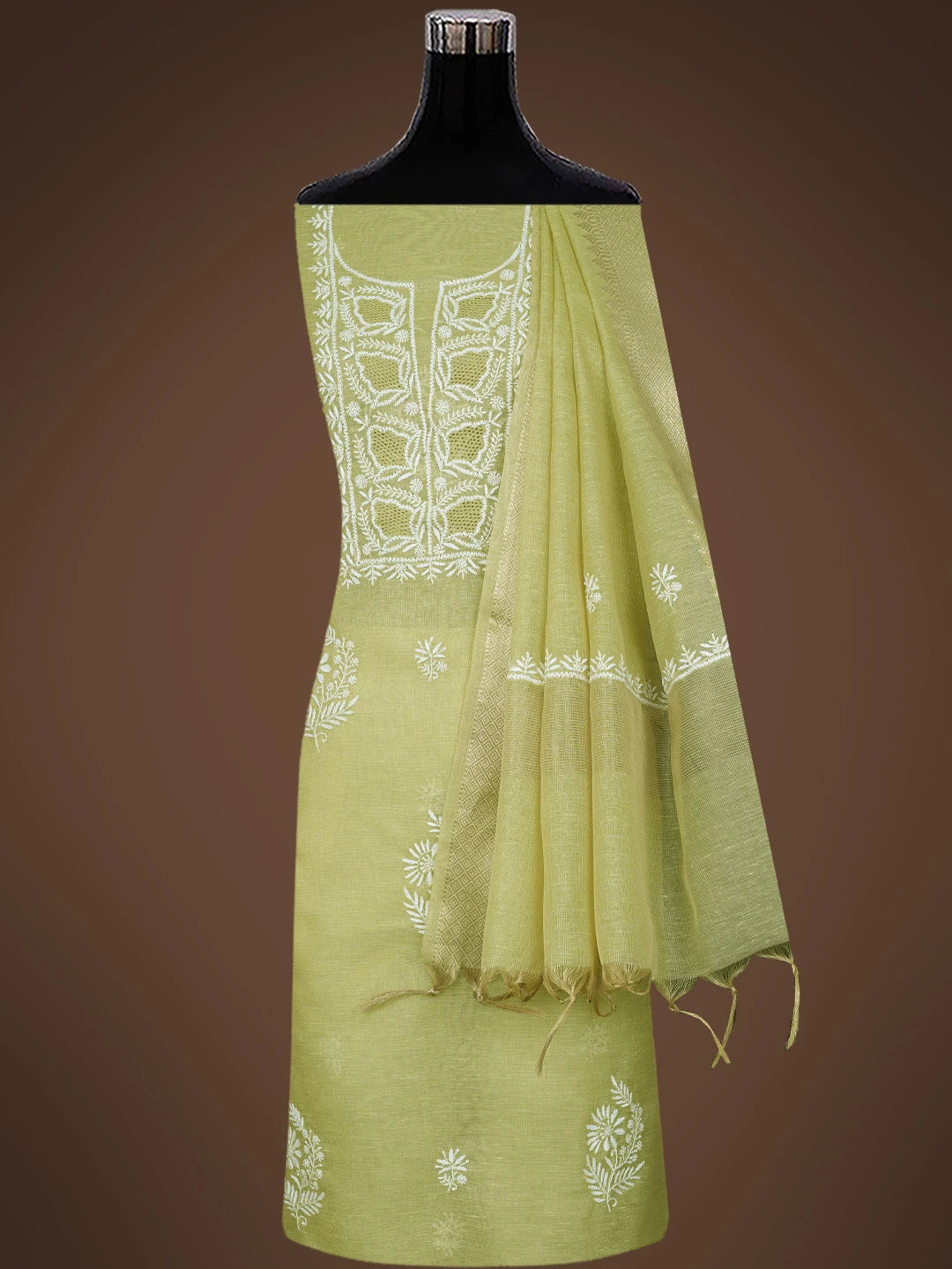 Ada Hand Embroidered Mehandi Green Tissue Lucknowi Chikankari Unstitched Kurta Dupatta Set 01A818414