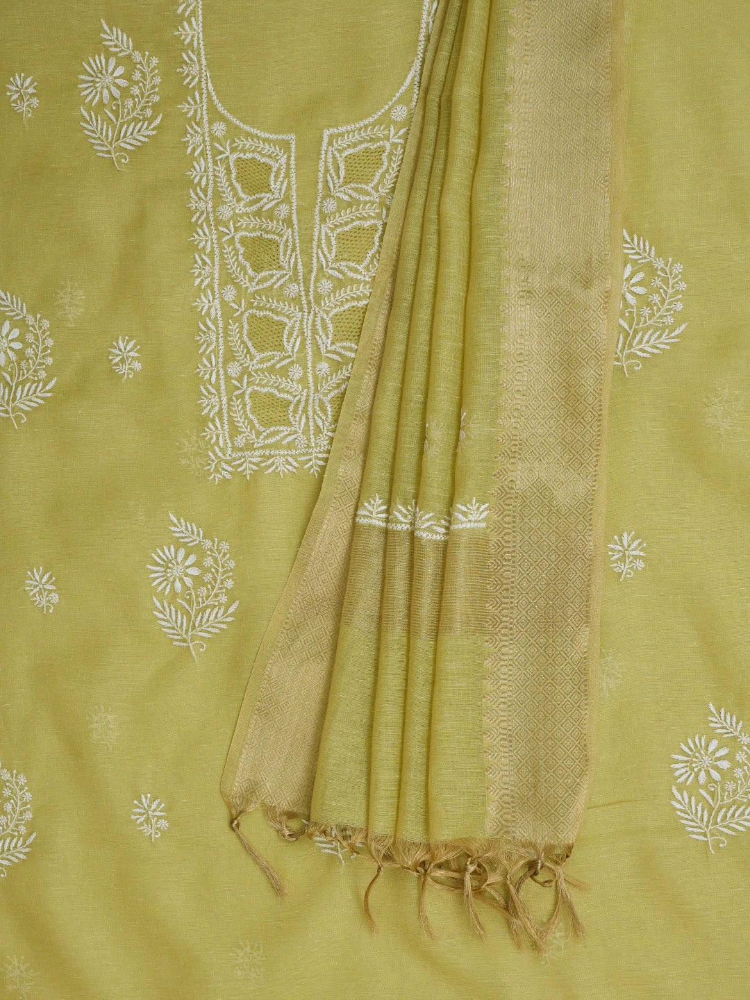 Ada Hand Embroidered Mehandi Green Tissue Lucknowi Chikankari Unstitched Kurta Dupatta Set 01A818414