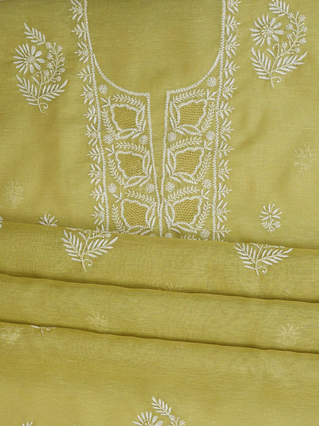 Ada Hand Embroidered Mehandi Green Tissue Lucknowi Chikankari Unstitched Kurta Dupatta Set 01A818414