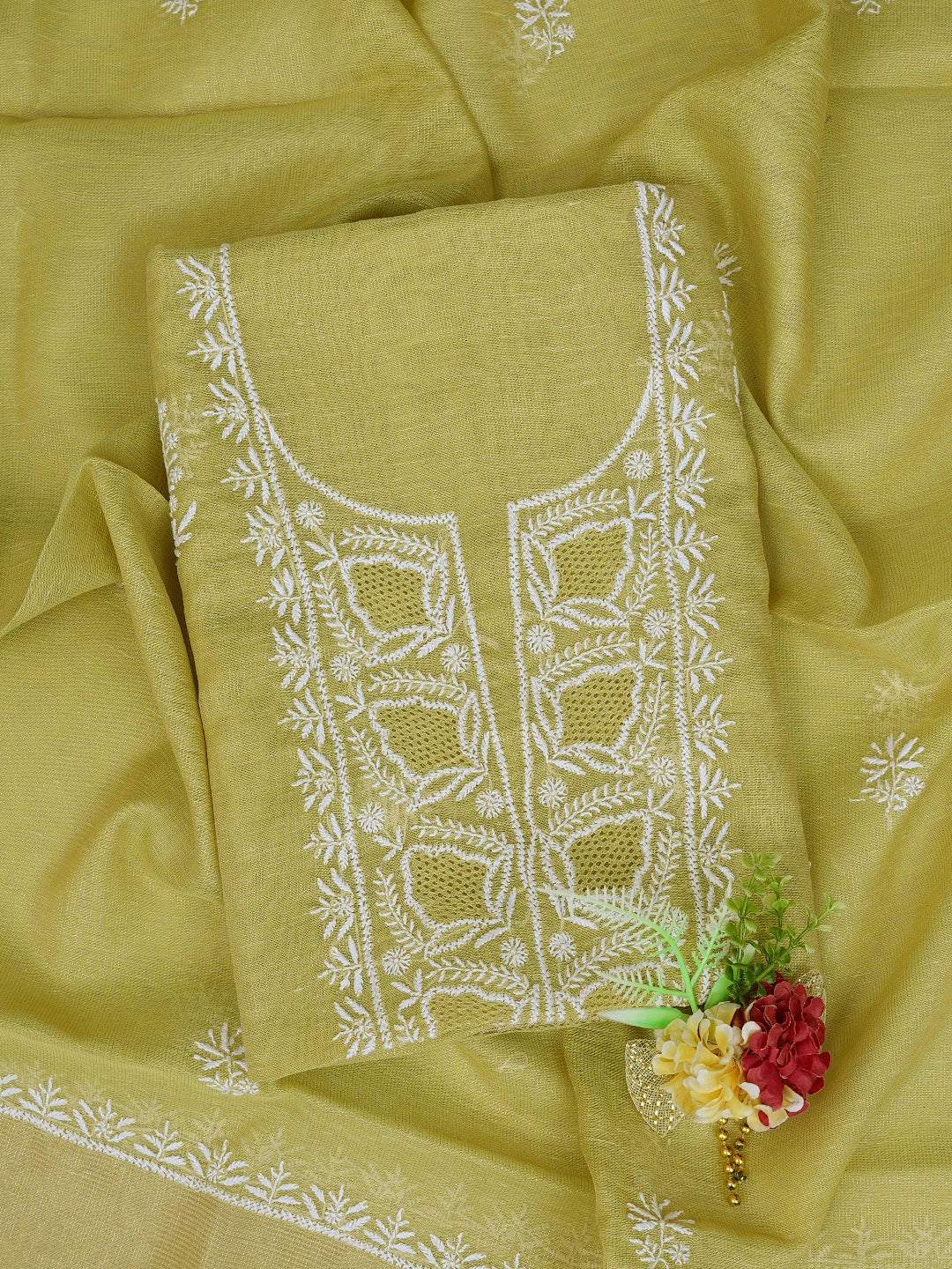 Ada Hand Embroidered Mehandi Green Tissue Lucknowi Chikankari Unstitched Kurta Dupatta Set 01A818414