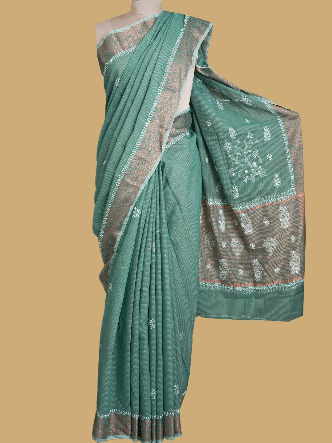 Ada Hand Embroidered Teal Chanderi Lucknowi Chikankari Saree and Blouse 01A814539