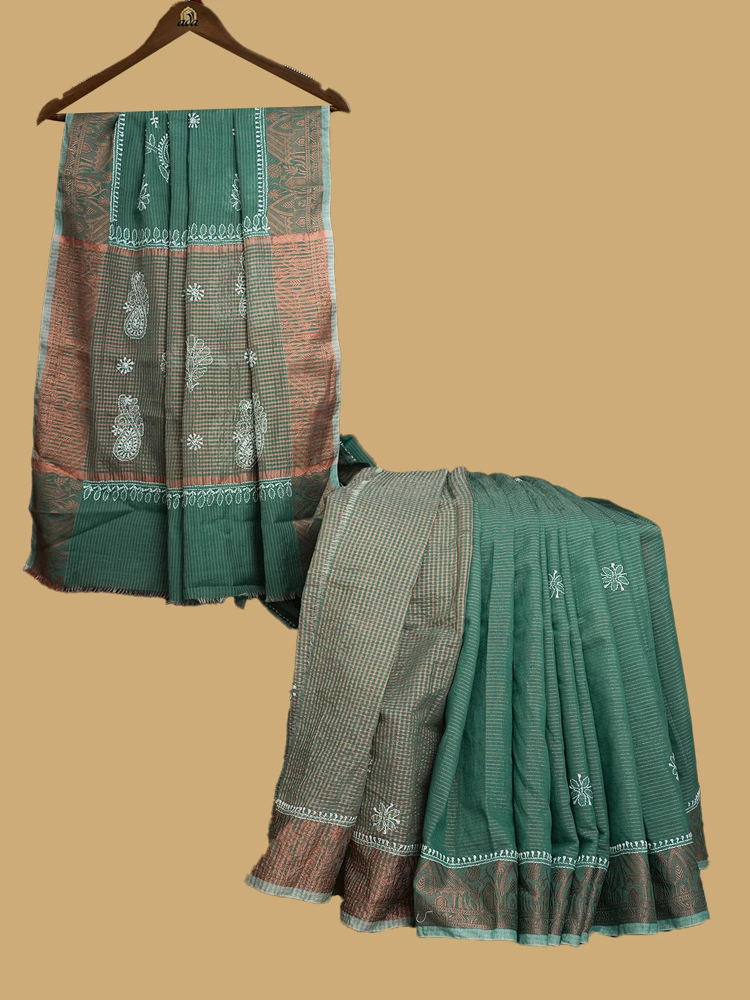 Ada Hand Embroidered Teal Chanderi Lucknowi Chikankari Saree and Blouse 01A814539