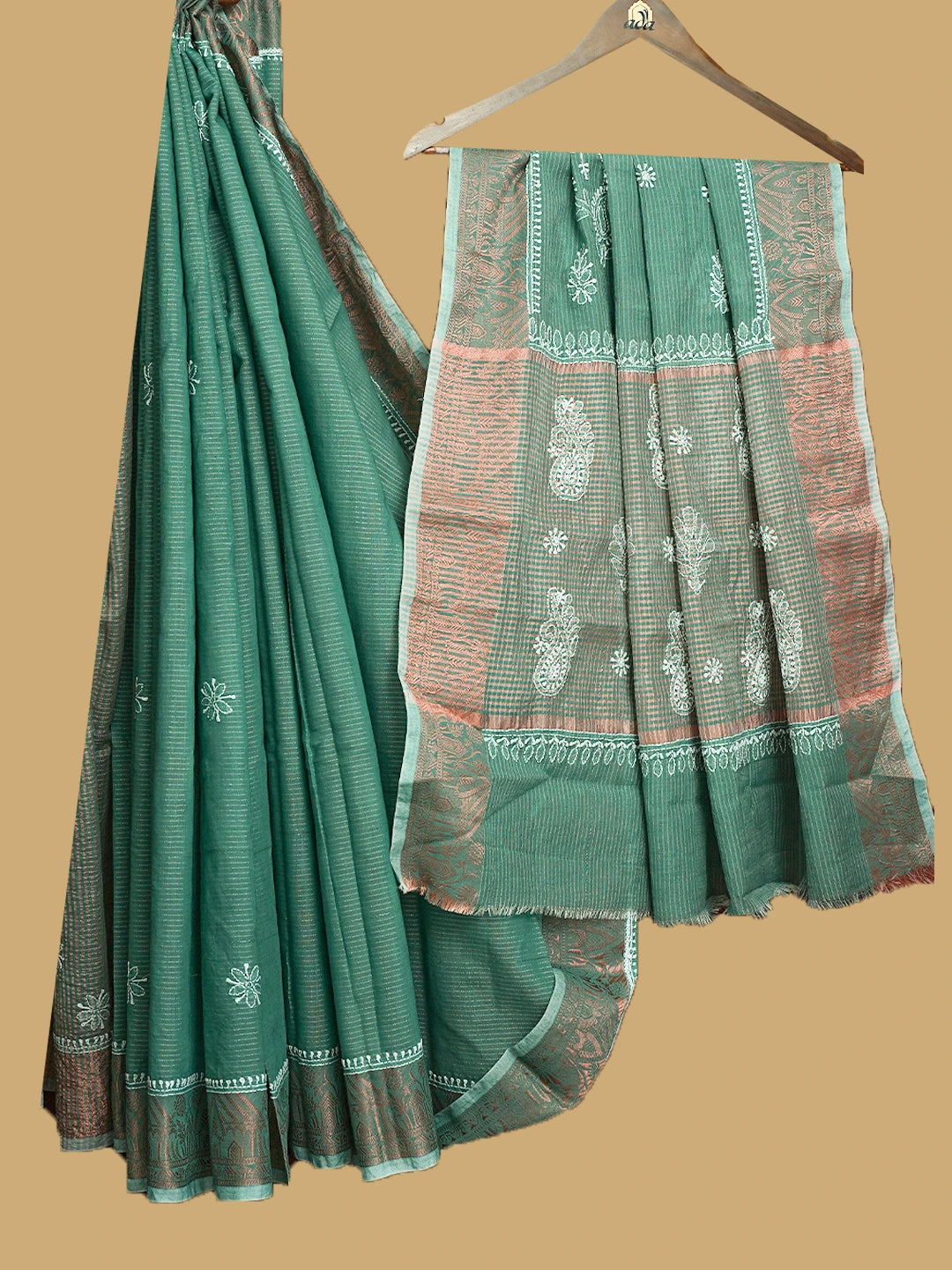 Ada Hand Embroidered Teal Chanderi Lucknowi Chikankari Saree and Blouse 01A814539