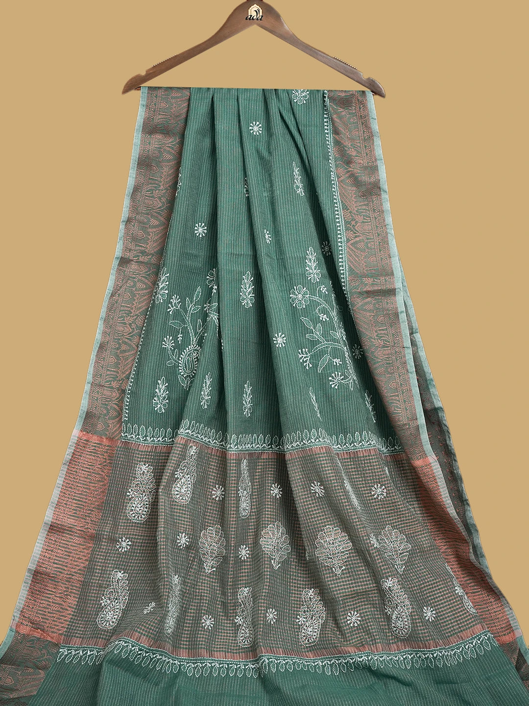 Ada Hand Embroidered Teal Chanderi Lucknowi Chikankari Saree and Blouse 01A814539