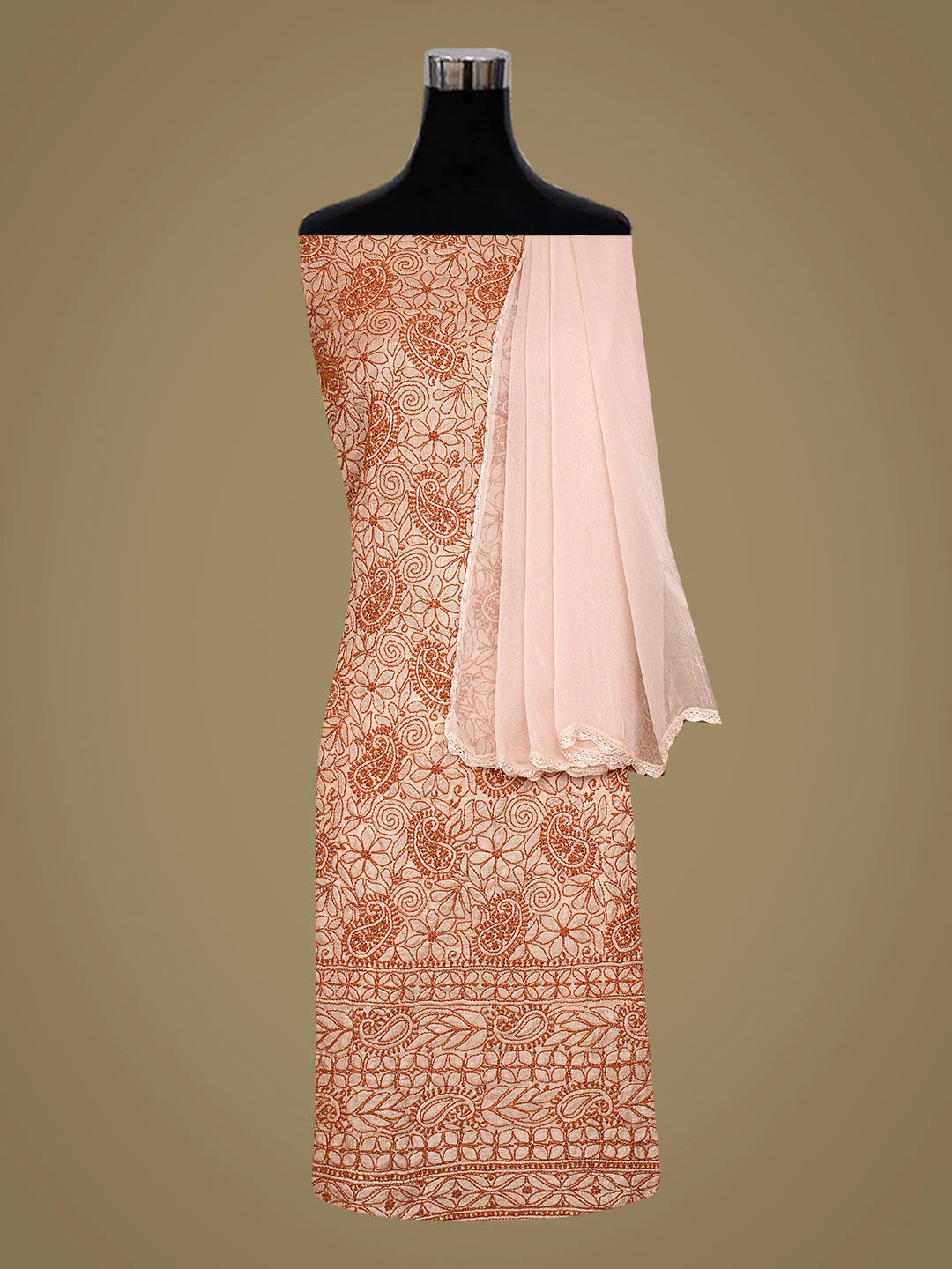Ada Hand Embroidered Dusty Peach Tussar Silk Lucknowi Chikankari Unstitched Suit Piece 01A763501