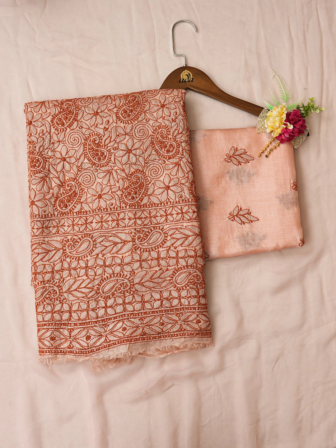 Ada Hand Embroidered Dusty Peach Tussar Silk Lucknowi Chikankari Unstitched Suit Piece 01A763501
