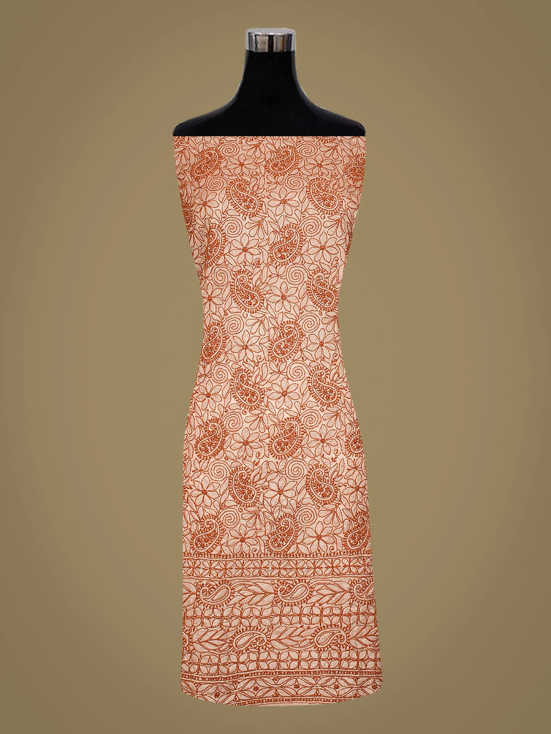 Ada Hand Embroidered Dusty Peach Tussar Silk Lucknowi Chikankari Unstitched Suit Piece 01A763501