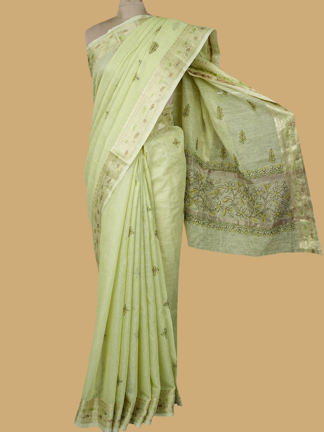Ada Hand Embroidered Pastel Lime Green Chanderi Lucknowi Chikankari Saree and Blouse 01A814570
