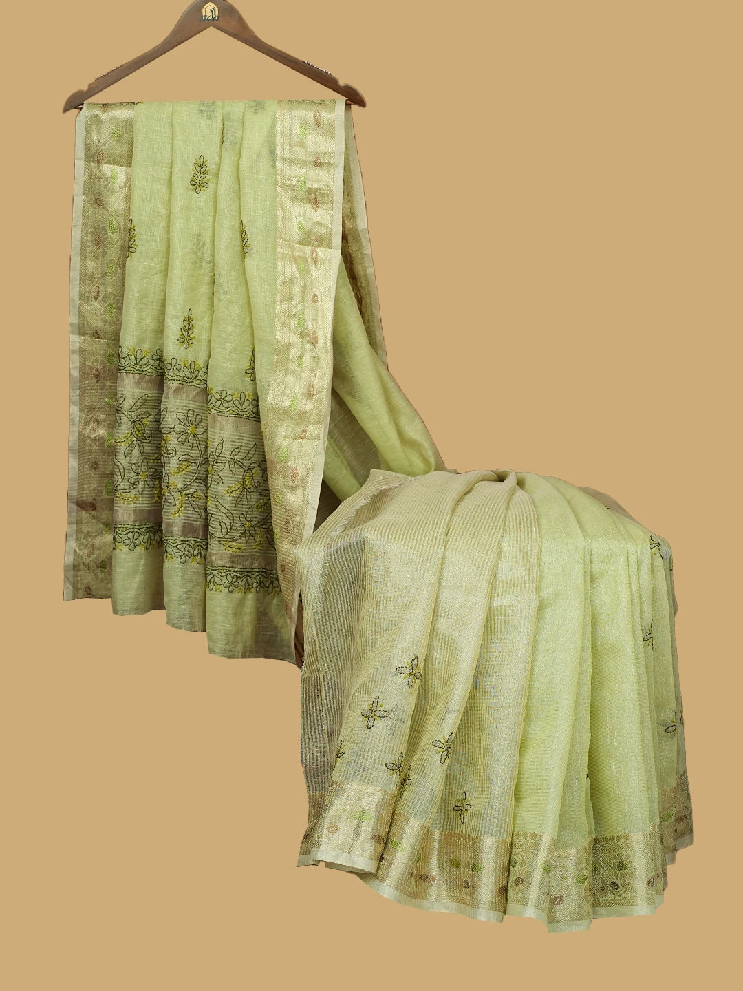 Ada Hand Embroidered Pastel Lime Green Chanderi Lucknowi Chikankari Saree and Blouse 01A814570
