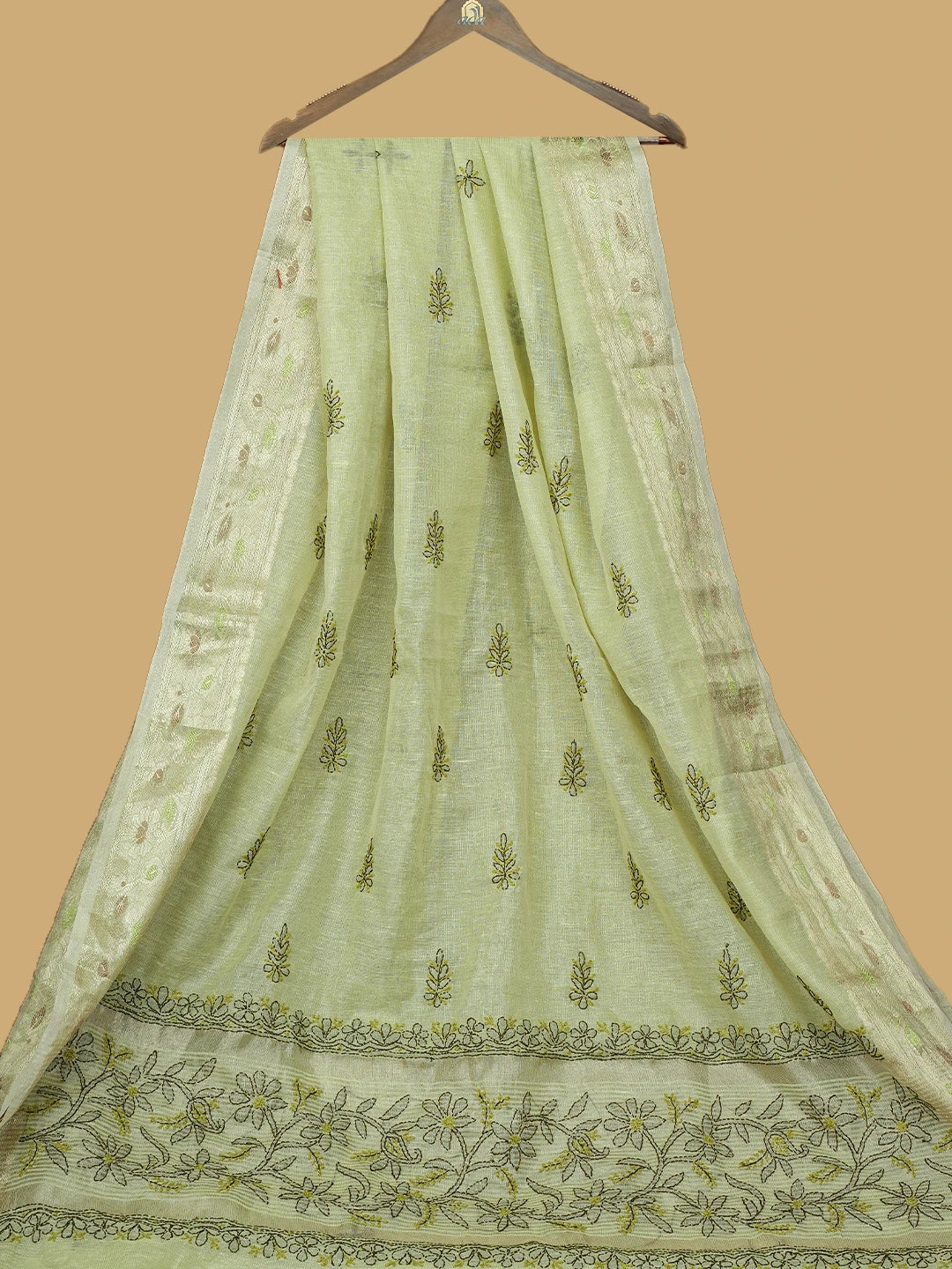 Ada Hand Embroidered Pastel Lime Green Chanderi Lucknowi Chikankari Saree and Blouse 01A814570
