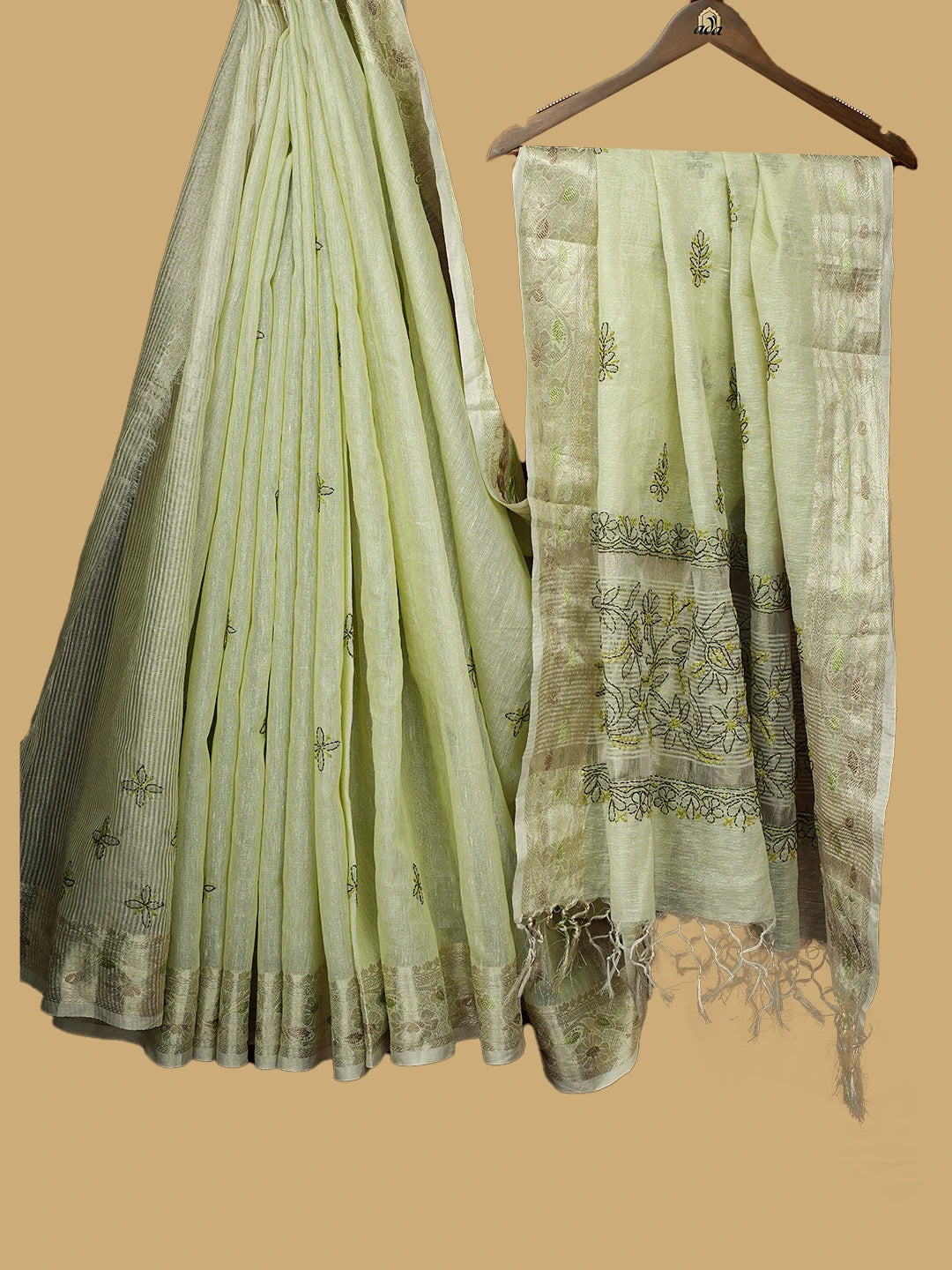Ada Hand Embroidered Pastel Lime Green Chanderi Lucknowi Chikankari Saree and Blouse 01A814570