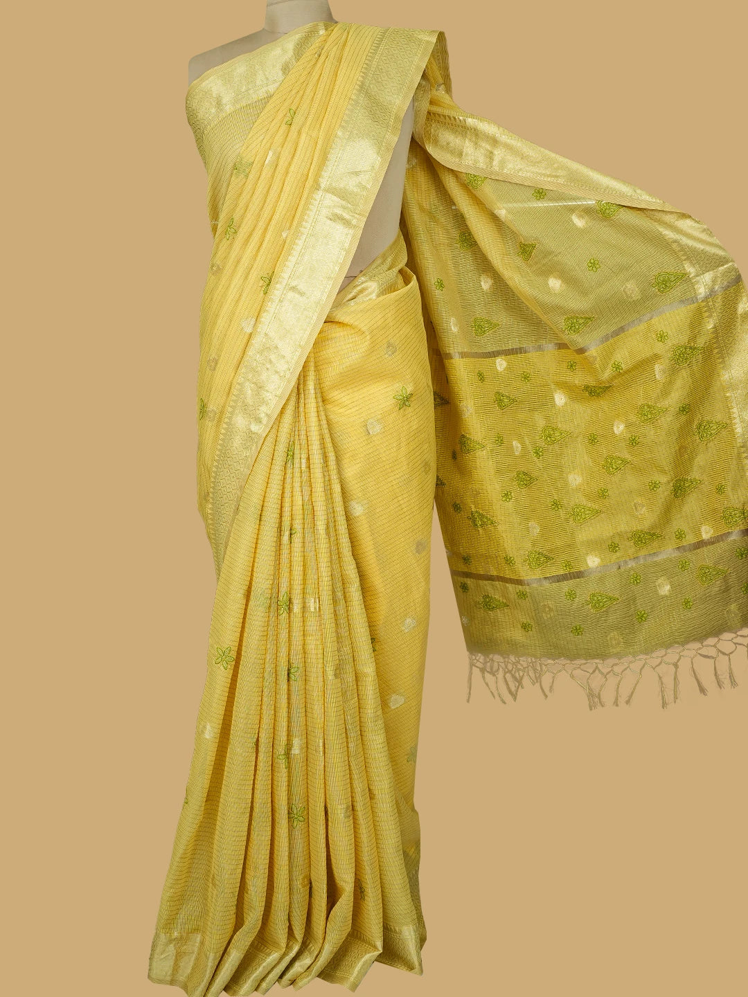 Ada Hand Embroidered Yellow Tissue Lucknowi Chikankari Saree and Blouse 01A814566