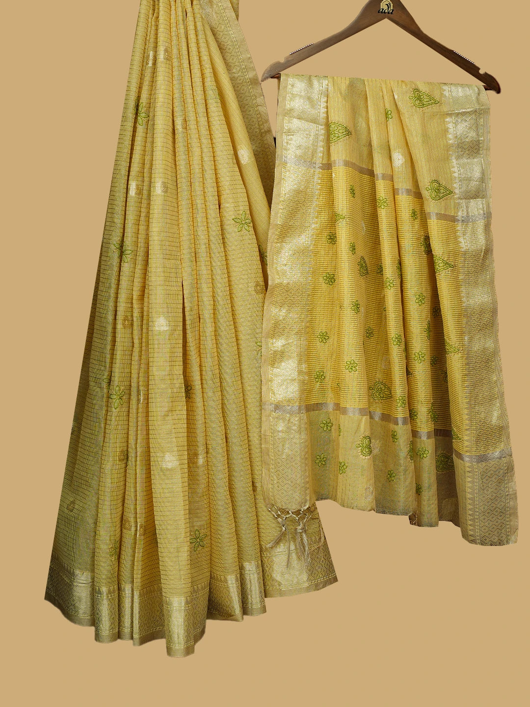 Ada Hand Embroidered Yellow Tissue Lucknowi Chikankari Saree and Blouse 01A814566
