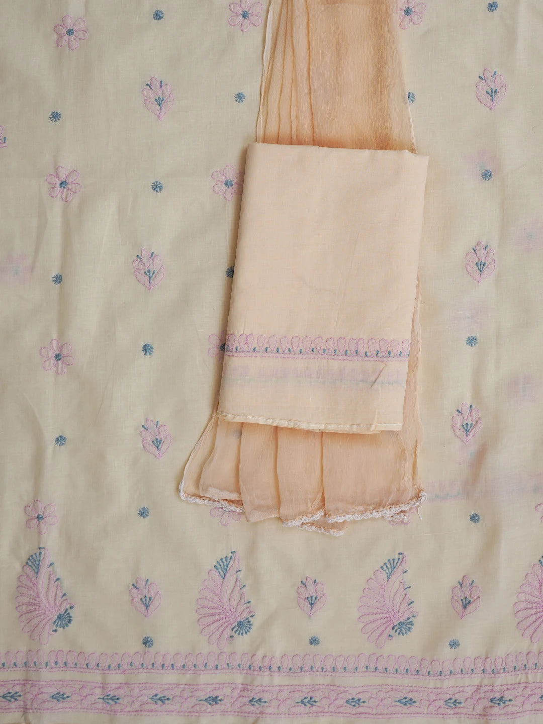 Ada Hand Embroidered Peach Cotton Lucknowi Chikankari Unstitched Suit Piece 01A818708