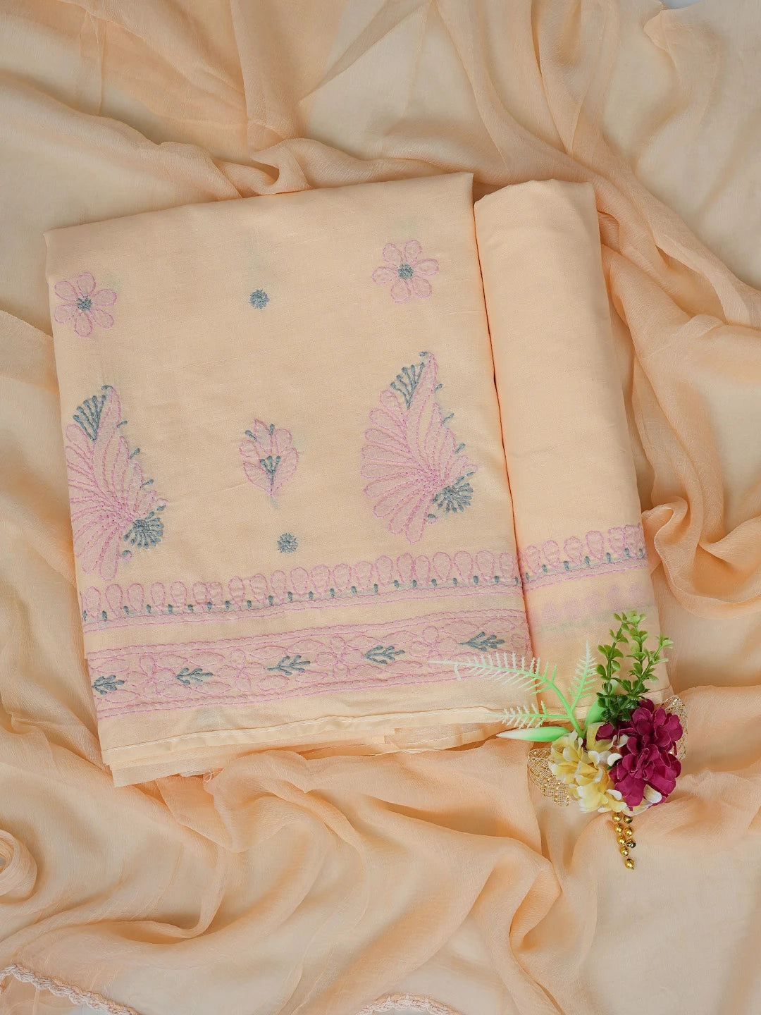 Ada Hand Embroidered Peach Cotton Lucknowi Chikankari Unstitched Suit Piece 01A818708