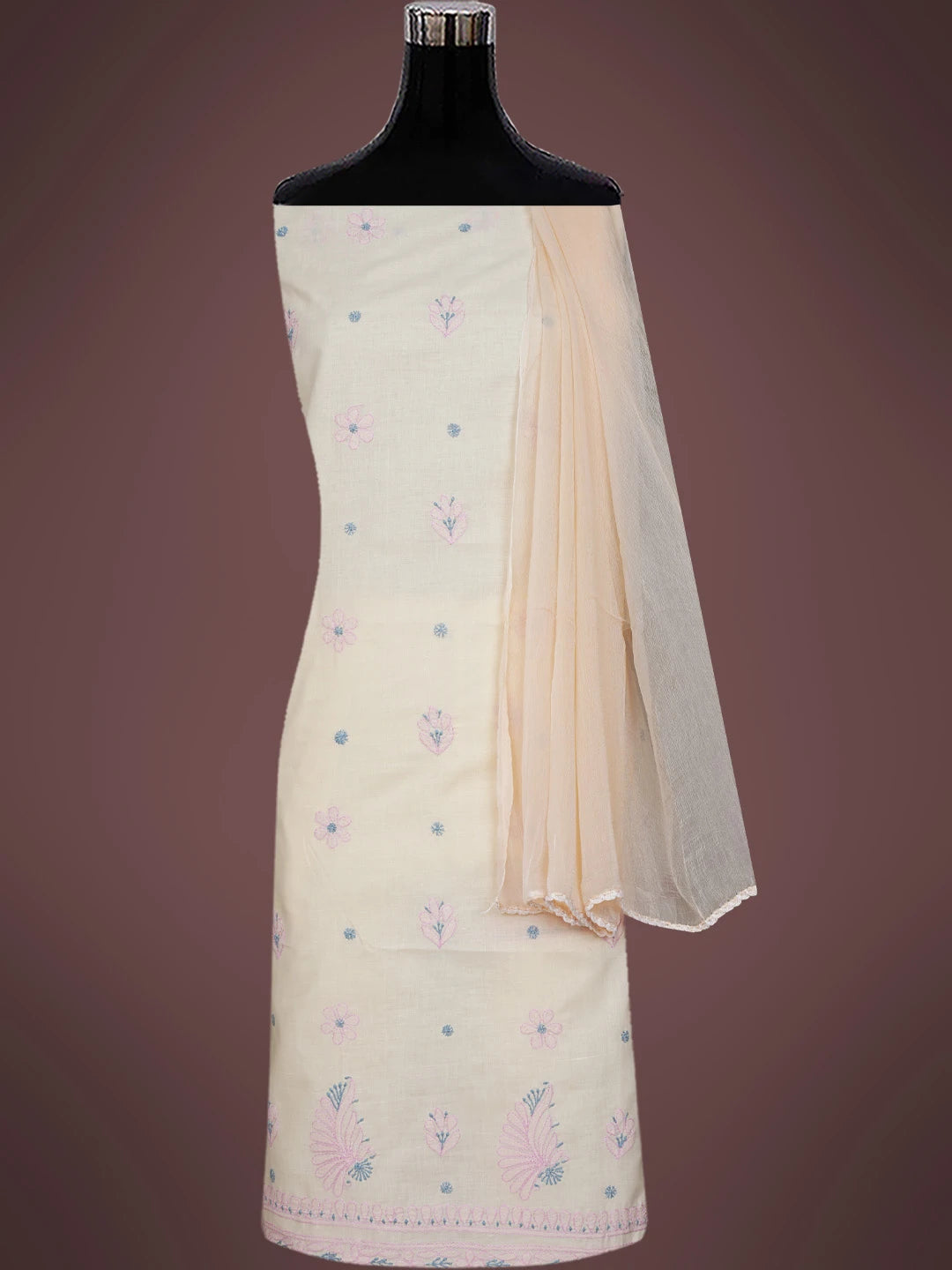 Ada Hand Embroidered Peach Cotton Lucknowi Chikankari Unstitched Suit Piece 01A818708