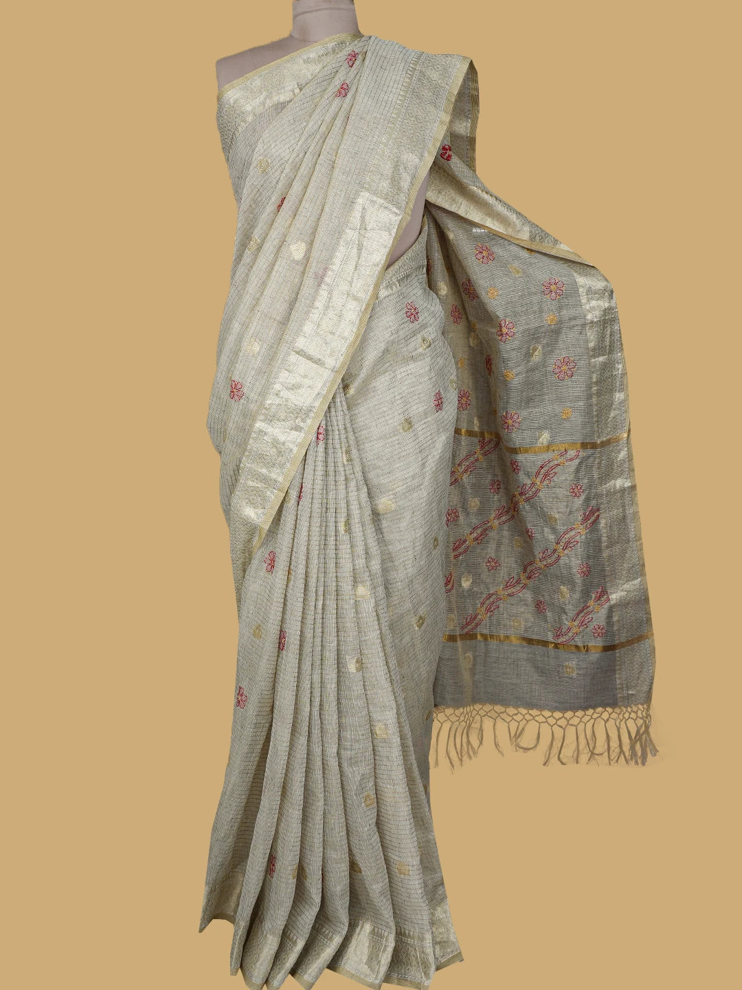 Ada Hand Embroidered Fawn Tissue Lucknowi Chikankari Saree and Blouse 01A814550