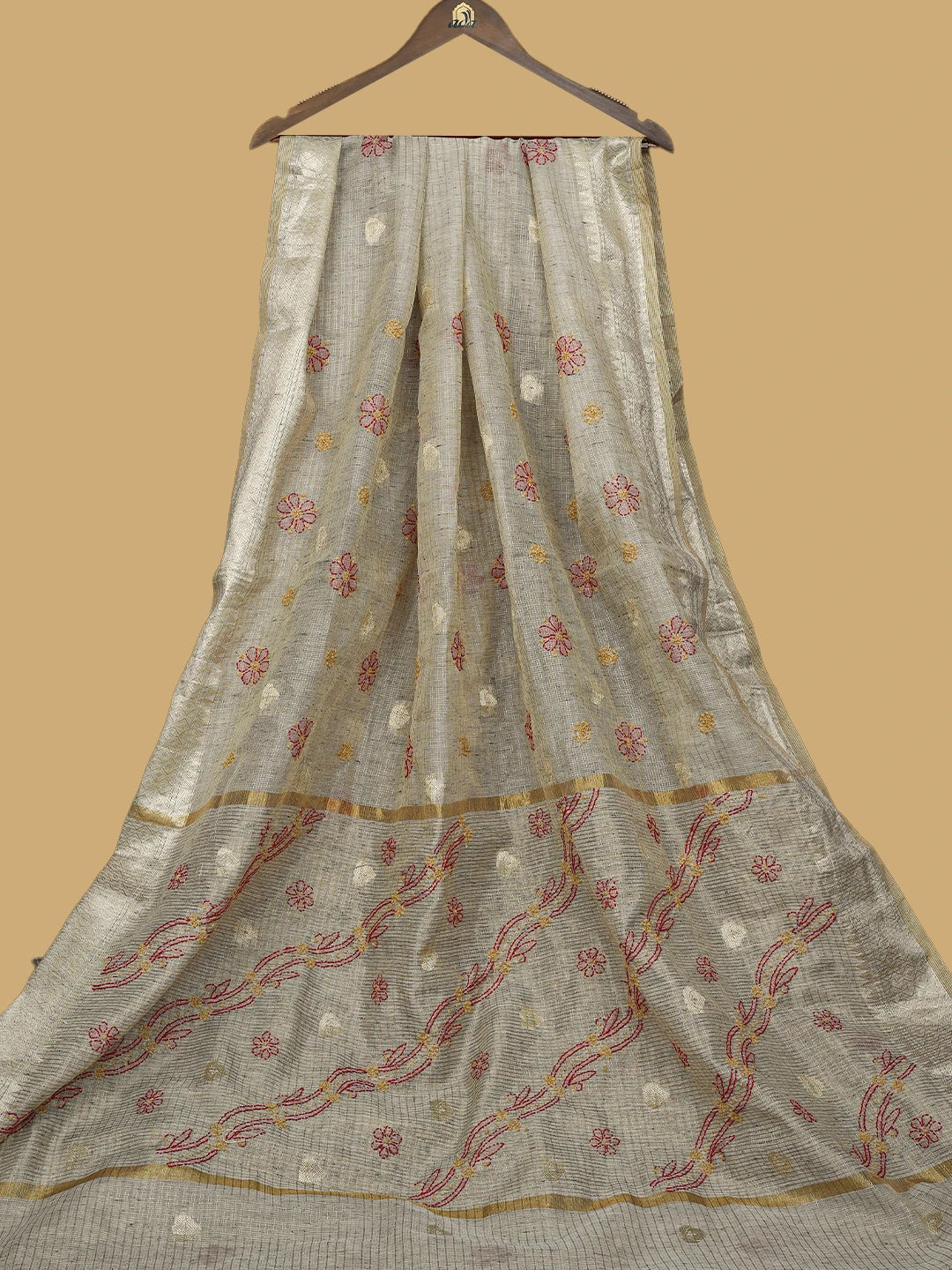 Ada Hand Embroidered Fawn Tissue Lucknowi Chikankari Saree and Blouse 01A814550