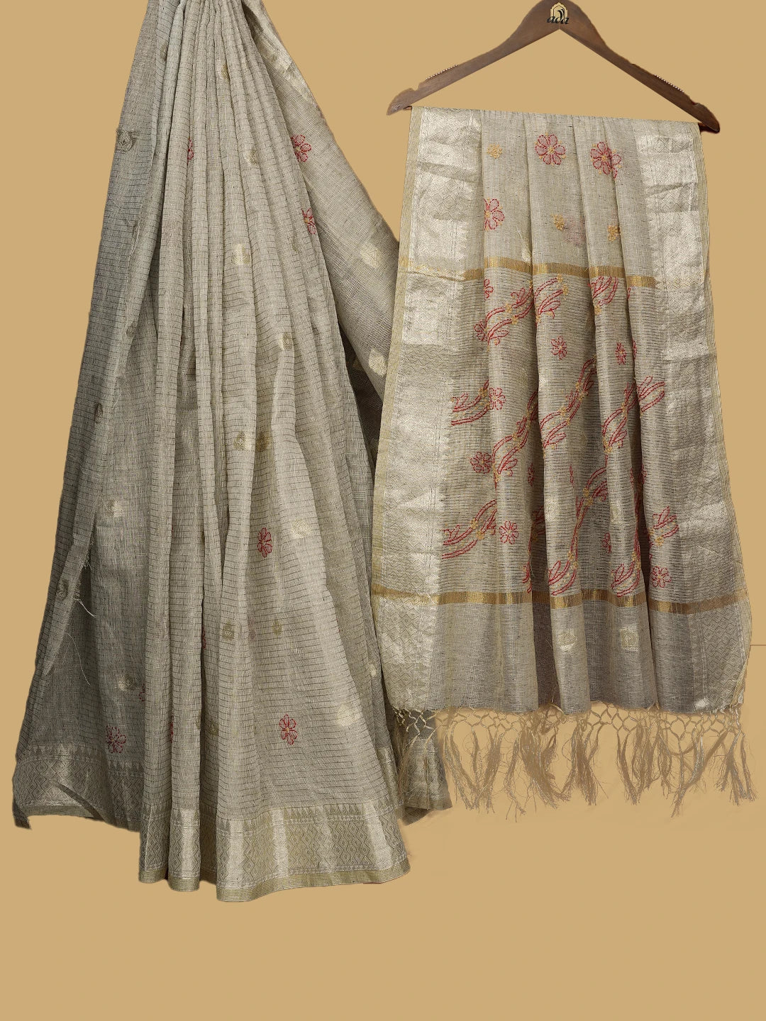 Ada Hand Embroidered Fawn Tissue Lucknowi Chikankari Saree and Blouse 01A814550