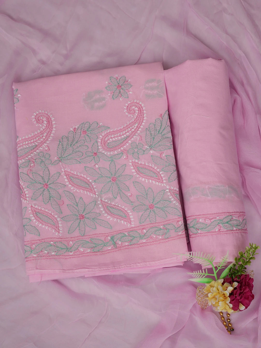 Ada Hand Embroidered Pink Cotton Lucknowi Chikankari Unstitched Suit Piece 01A819185
