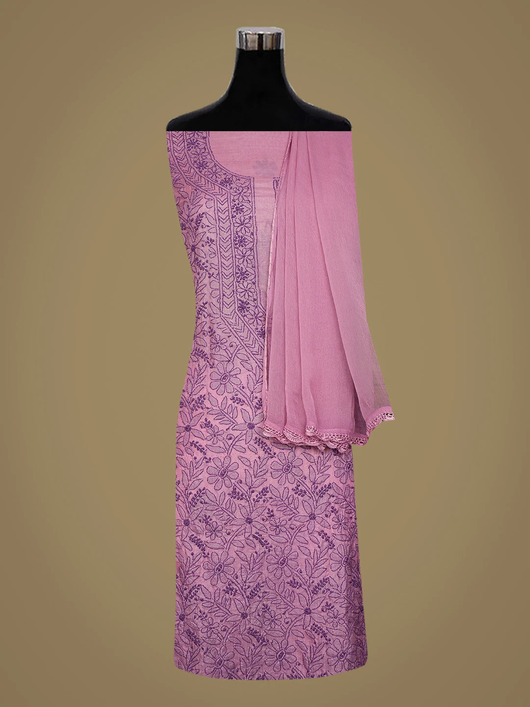 Ada Hand Embroidered Onion Pink Silk Lucknowi Chikankari Unstitched Suit Piece 01A669291