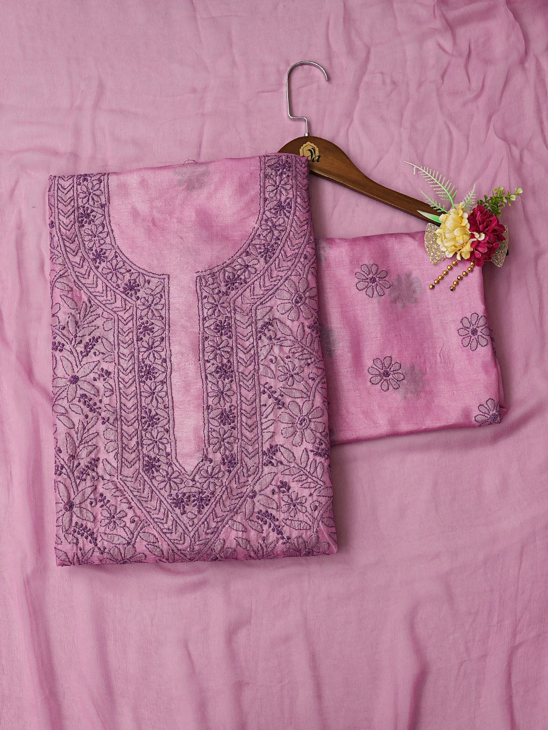 Ada Hand Embroidered Onion Pink Silk Lucknowi Chikankari Unstitched Suit Piece 01A669291