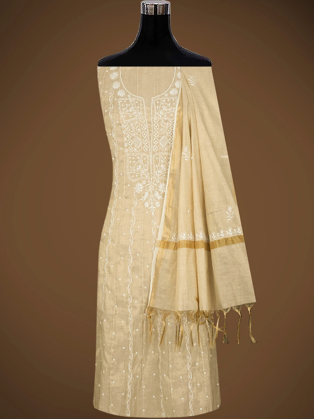 Ada Hand Embroidered Fawn Tissue Lucknowi Chikankari Semi-Stitched Anarkali Kurta Dupatta Set With Cutdana Work 01A799980