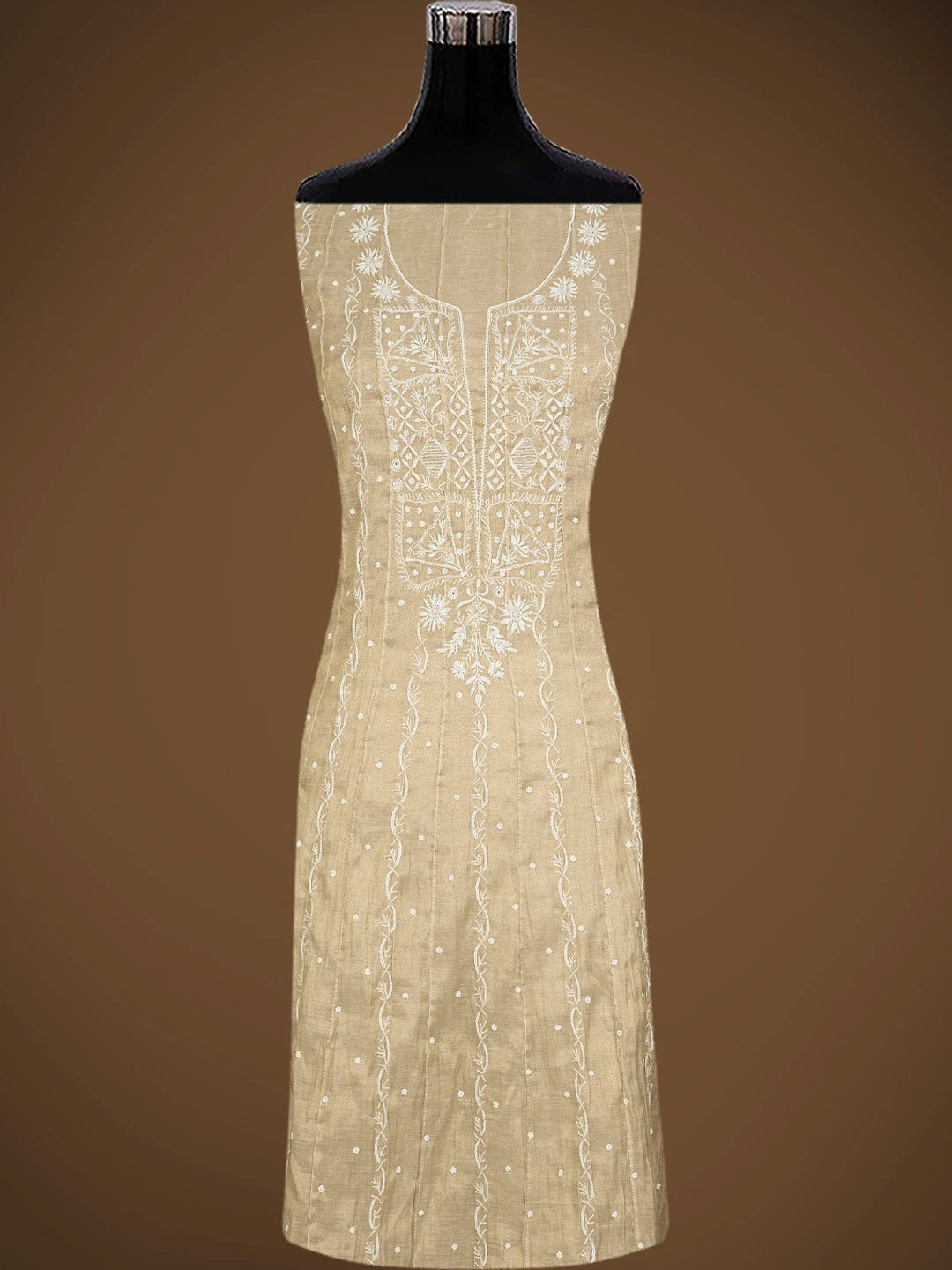 Ada Hand Embroidered Fawn Tissue Lucknowi Chikankari Semi-Stitched Anarkali Kurta Dupatta Set With Cutdana Work 01A799980