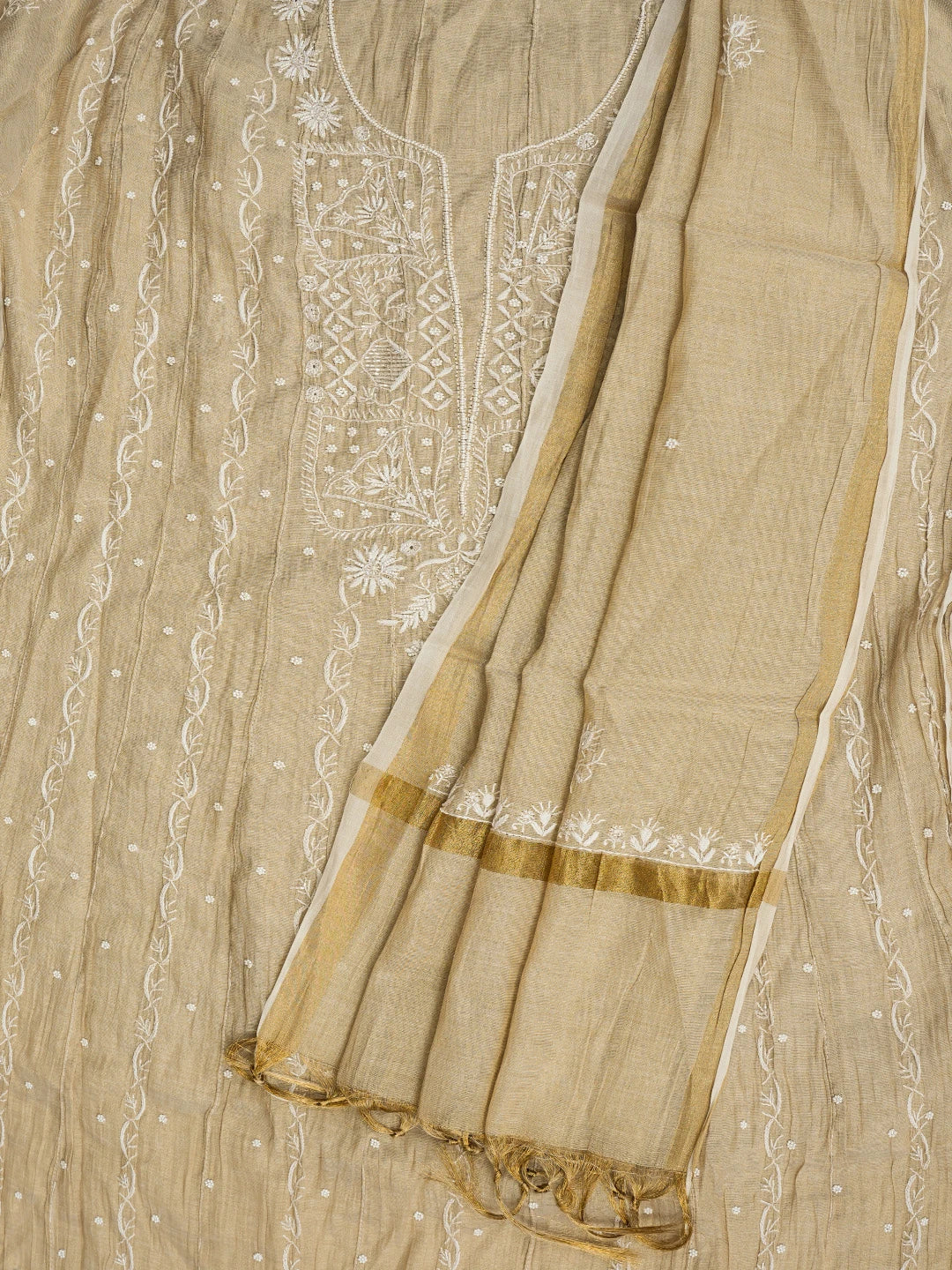 Ada Hand Embroidered Fawn Tissue Lucknowi Chikankari Semi-Stitched Anarkali Kurta Dupatta Set With Cutdana Work 01A799980