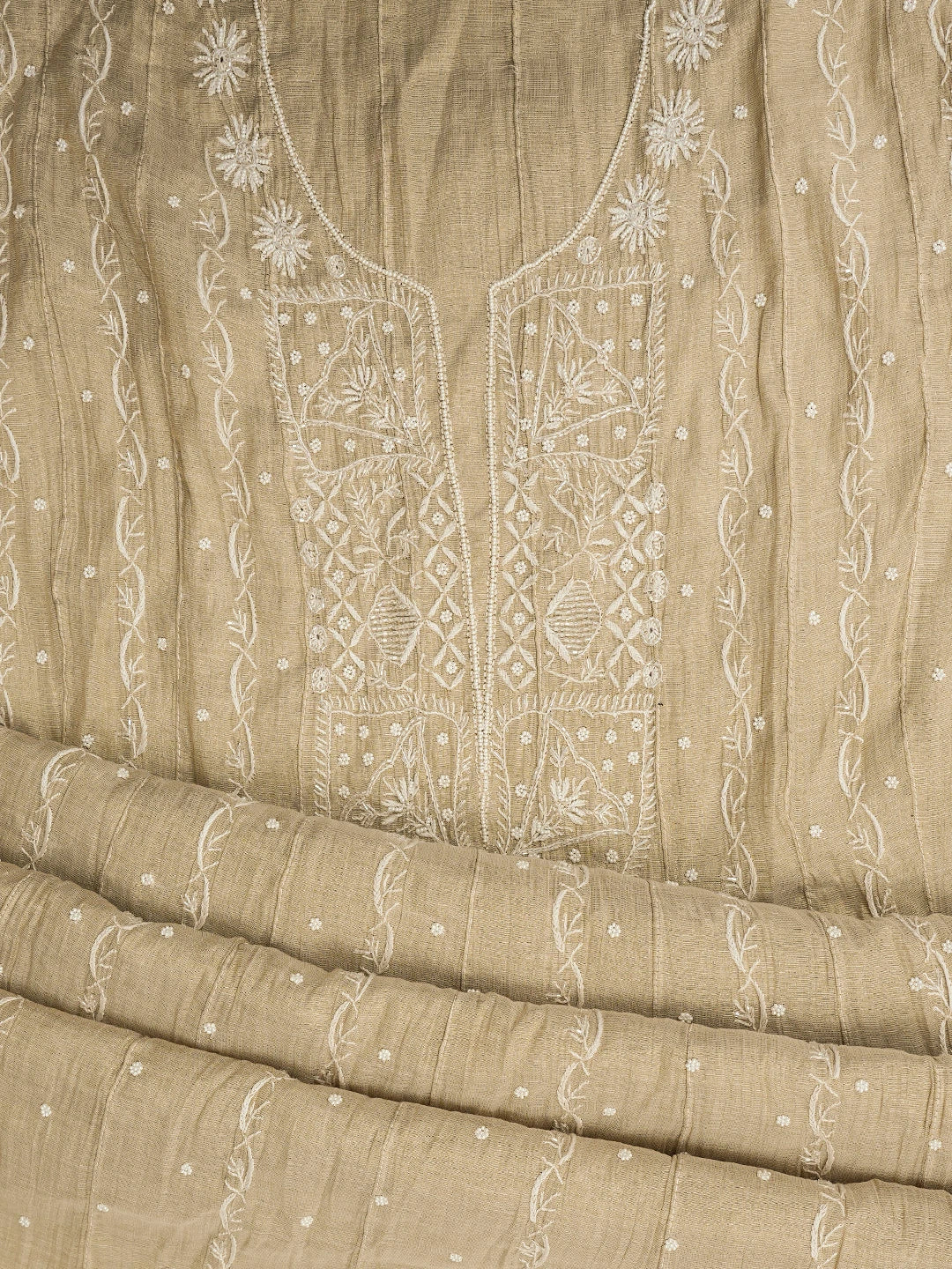 Ada Hand Embroidered Fawn Tissue Lucknowi Chikankari Semi-Stitched Anarkali Kurta Dupatta Set With Cutdana Work 01A799980