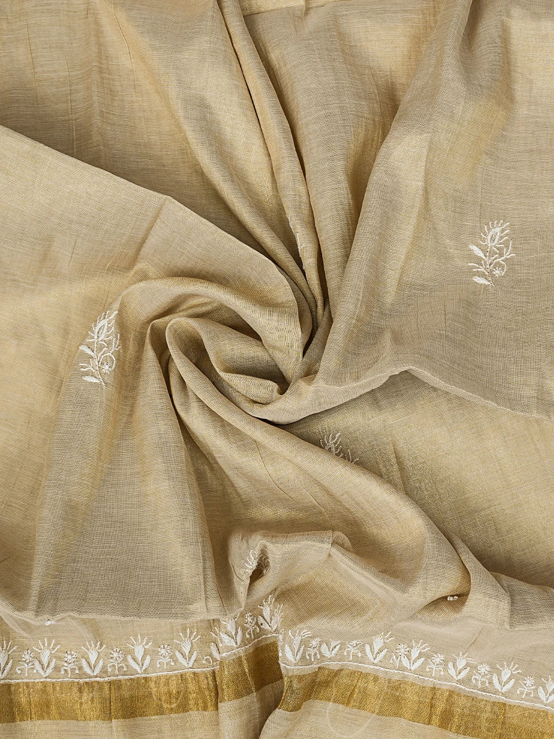 Ada Hand Embroidered Fawn Tissue Lucknowi Chikankari Semi-Stitched Anarkali Kurta Dupatta Set With Cutdana Work 01A799980