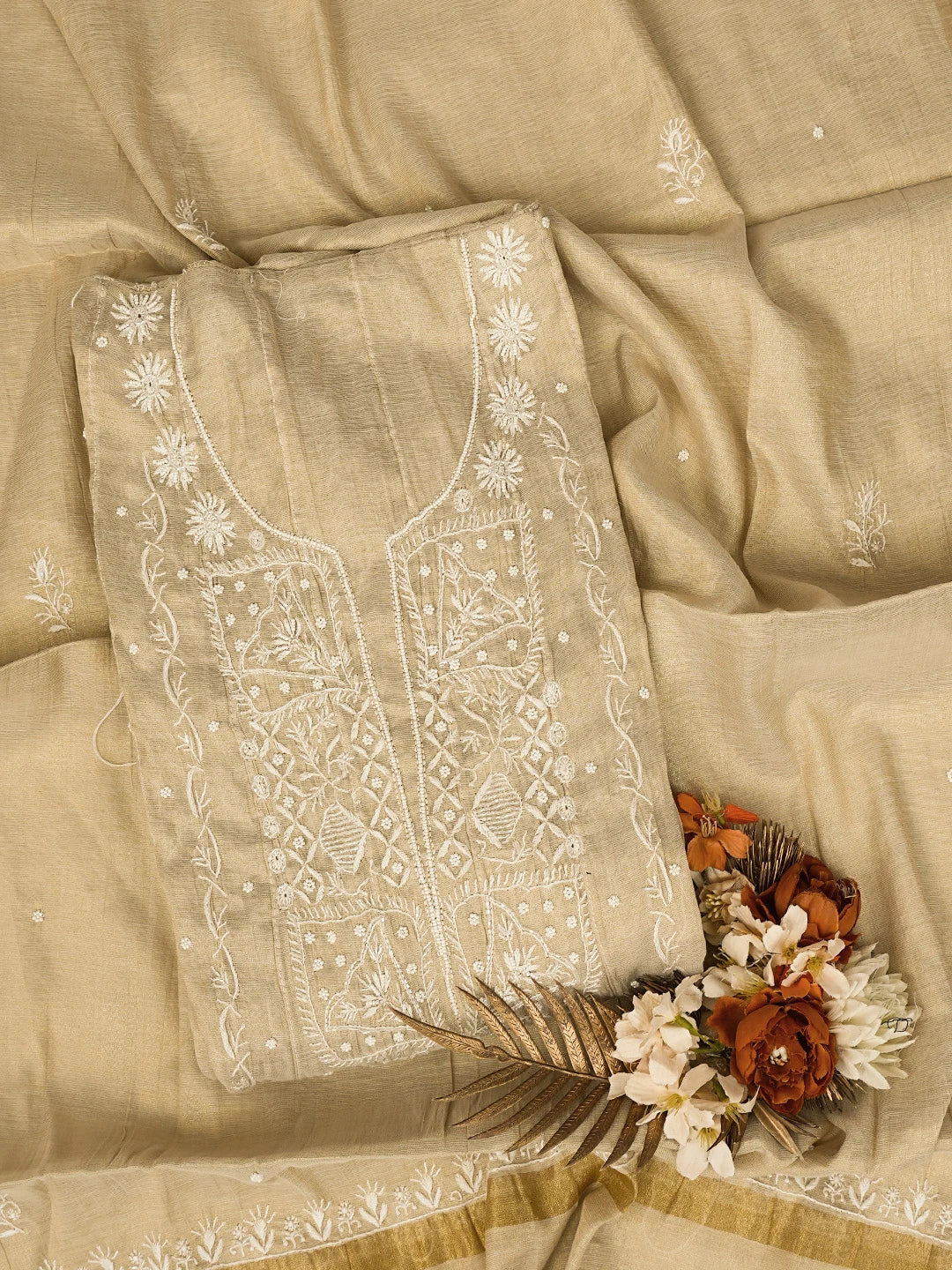 Ada Hand Embroidered Fawn Tissue Lucknowi Chikankari Semi-Stitched Anarkali Kurta Dupatta Set With Cutdana Work 01A799980
