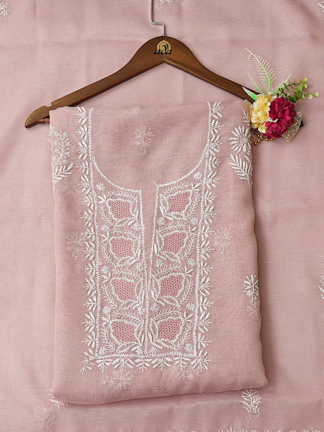 Ada Hand Embroidered Fairy Tale Pink Tissue Lucknowi Chikankari Unstitched Kurta Dupatta Set 01A818421