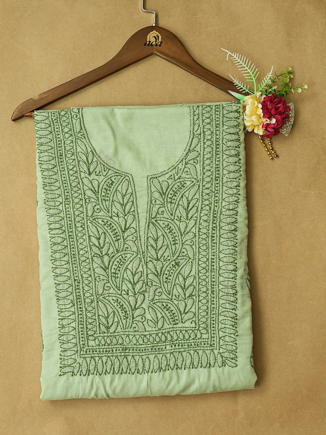 Ada Hand Embroidered Pista Green Cotton Lucknowi Chikankari Unstitched Kurta Piece 01A816590
