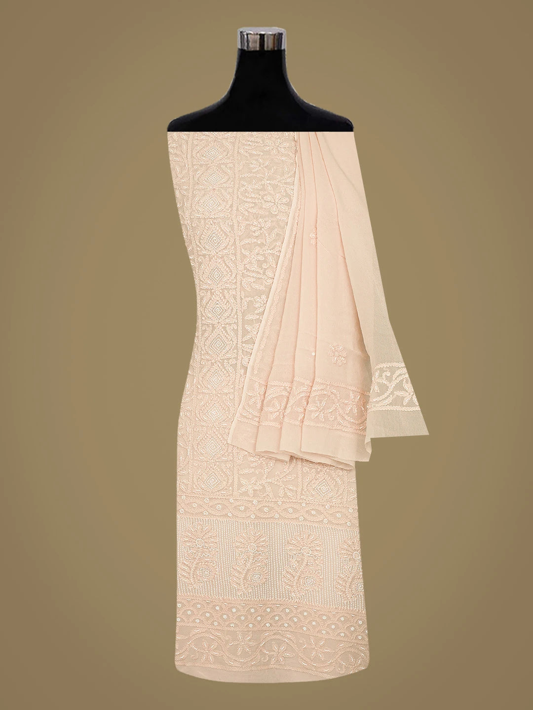 Ada Hand Embroidered Peach Viscose Georgette Lucknowi Chikankari Unstitched Kurta Dupatta Set With Pearl Work 01A778627